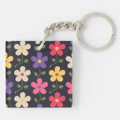 Kleurrijk Bloempatroon op Donkere Achtergrond Sleutelhanger (Achterkant)