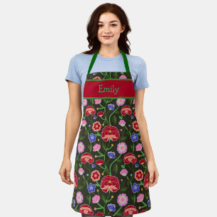 Kleurrijk Blokdruk Pioen Bloemen Patroon Naam  Schort
