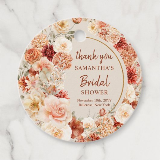 Kleurrijk boeket terracotta blush en salie bloesem bedankjes labels (Voorkant)
