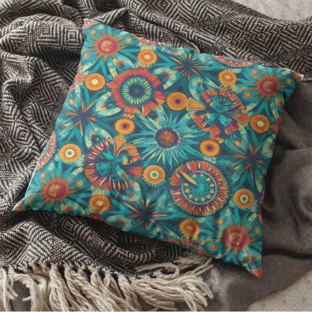 Kleurrijk Boho Boheem Ontwerp Oranje Teal Kussen (Creator heeft geüpload)