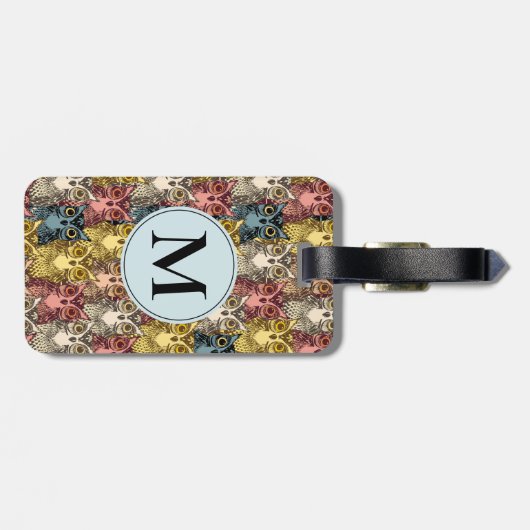 Kleurrijk Boho Bos Uil Patroon & Monogram Bagagelabel (Achterkant horizontaal)