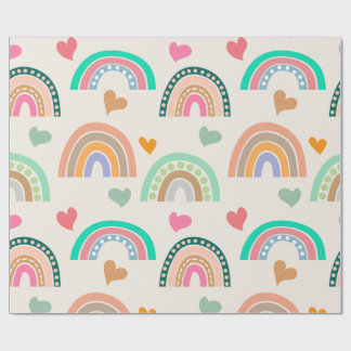 Kleurrijk Boho Regenbogen en Hartjes Patroon Cadeaupapier