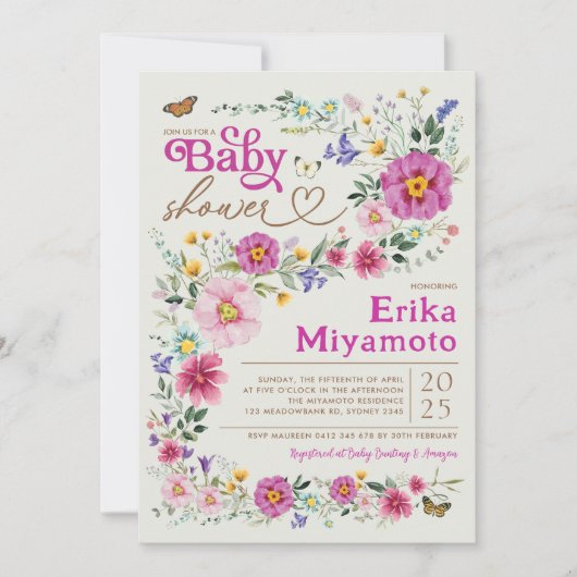 Kleurrijk Boho Wildflower Butterfly Baby shower Kaart (Voorkant)