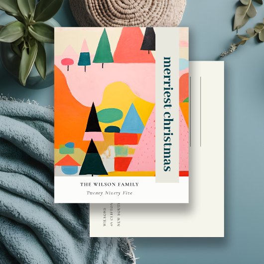 Kleurrijk Bold Retro Abstract Kerstlandschap Feestdagenkaart