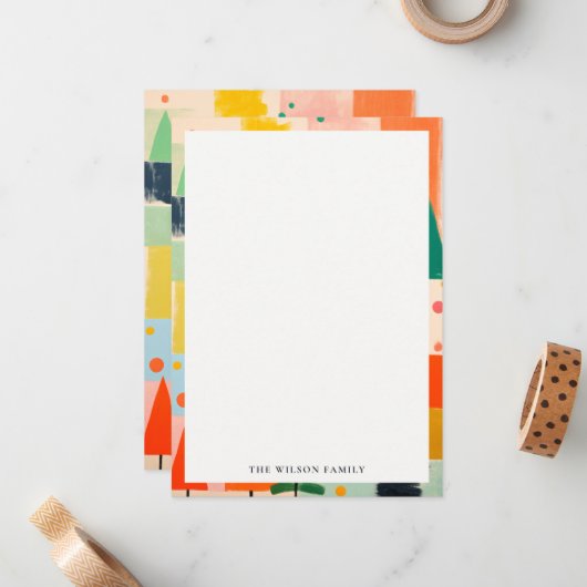 Kleurrijk Bold Retro Abstract Kerstlandschap Notitiekaartje (Voorkant / Achterkant in situ)