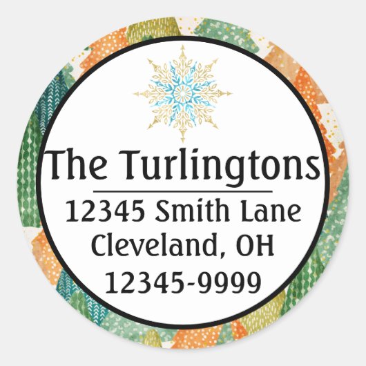 Kleurrijk bos van Evergreen Xmas-Adresetiketten Ronde Sticker (Voorkant)