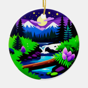 Kleurrijk boslandschap met door de maan verlichte keramisch ornament