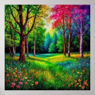 Kleurrijk boslandschap met levendige bomen poster