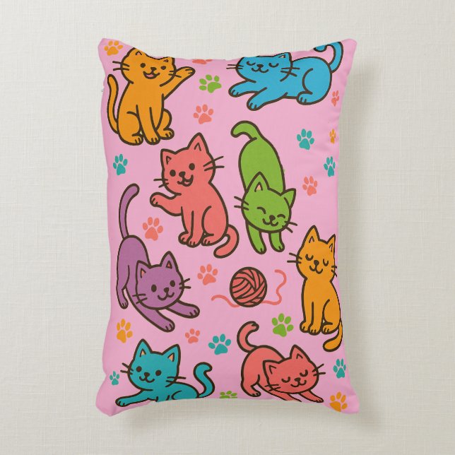 Kleurrijk Cartoon Kat Patroon Worp Kussen – Roze  (Voorkant(Verticaal))
