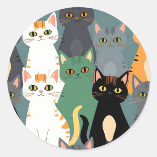 Kleurrijk Cartoonkat Menigtepatroon Ronde Sticker