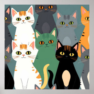 Kleurrijk Cartoonkatten Menigtepatroon Poster