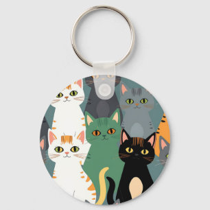 Kleurrijk Cartoonkatten Menigtepatroon Sleutelhanger