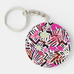 Kleurrijk chic zwart wit bloemenpatroon sleutelhanger