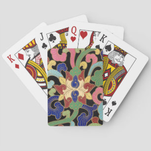 Kleurrijk Chinees Bloempatroon op Zwart Pokerkaarten