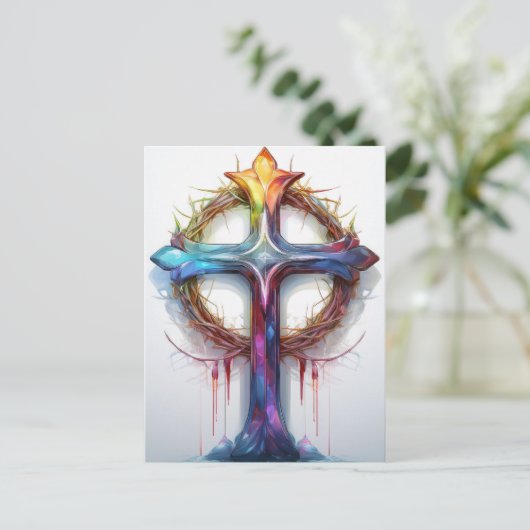 Kleurrijk Christelijk kruis over doornenkroon Briefkaart (Staand voorkant)