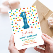 Kleurrijk Confetti Eén Ballon 1e Verjaardag Jongen