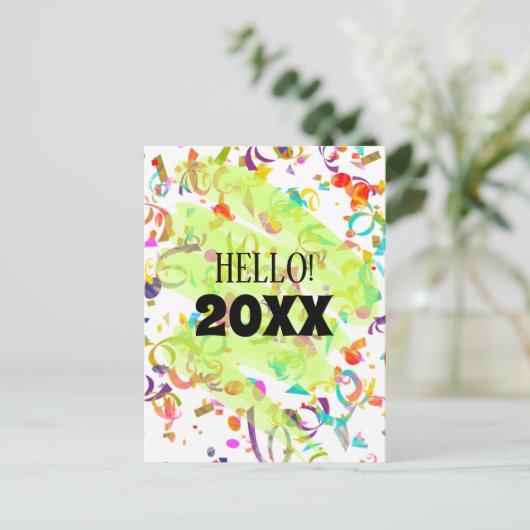 Kleurrijk Confetti Nieuwjaar Groene Kronkel Sjablo Feestdagenkaart (Staand voorkant)