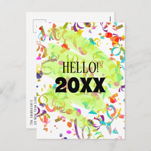 Kleurrijk Confetti Nieuwjaar Groene Kronkel Sjablo Feestdagenkaart (Voorkant / Achterkant)