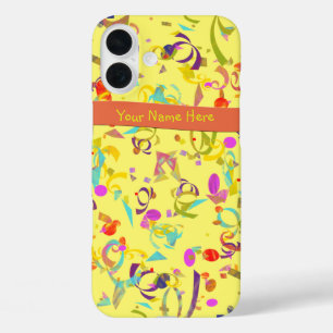 Kleurrijk confetti over geel iPhone 16 plus hoesje