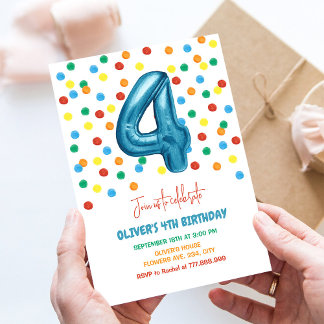 Kleurrijk Confetti Vier Ballon 4e Verjaardag Jonge Kaart