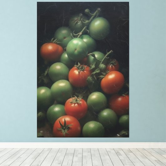 Kleurrijk Contrast: Groene en Rode Tomaat het Schi Canvas Afdruk (Insitu (Houten vloer))