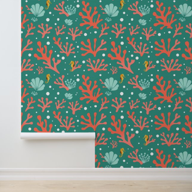 Kleurrijk Coral en Seahorse Ocean Pattern Behang (Applicatie)