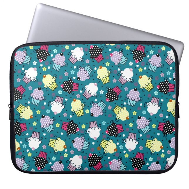 Kleurrijk Cute Cupcake Pattern-Turquoise-Green Bac Laptop Sleeve (Voorkant)