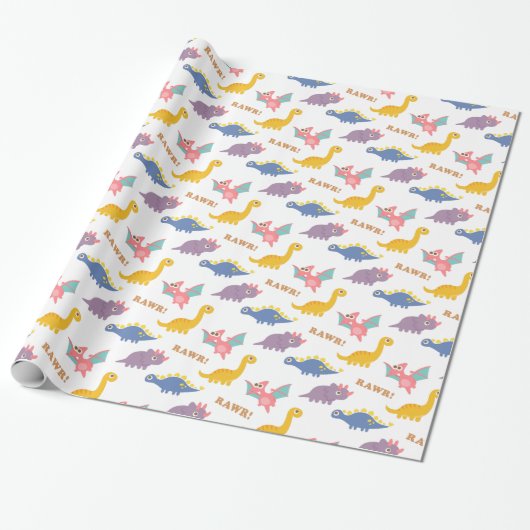 Kleurrijk Cute Dinosaur Pattern Voor Kinderen Cadeaupapier (Uitgerold)