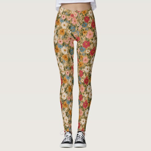 Kleurrijk Daisy Patroon - Mosterd Leggings (Voorkant)