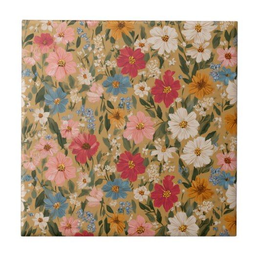  Kleurrijk Daisy Patroon - Mosterd Tegeltje (Voorkant)