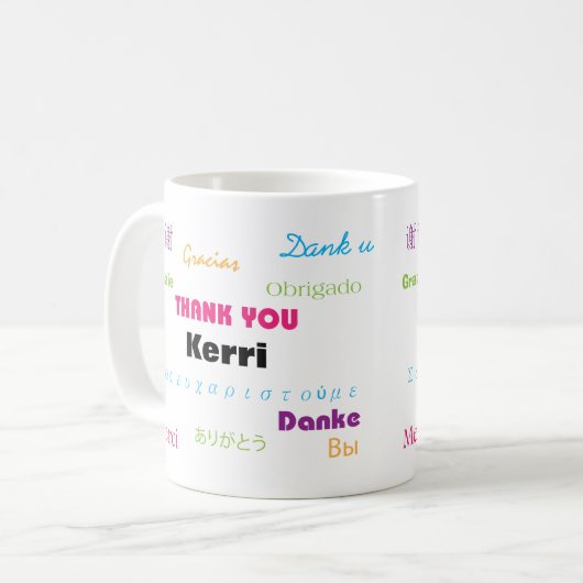 Kleurrijk Dank u vele talen personaliseren Koffiemok (Voorkant links)