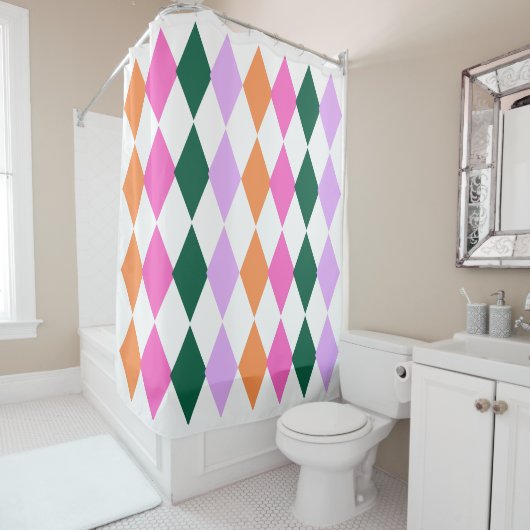 Kleurrijk Diamantpatroon Mid Century Modern Douchegordijn (In situ)