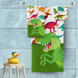 Kleurrijk Dinosaur-patroon met naam T-Rex Green Bad Handdoek