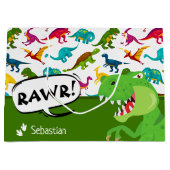 Kleurrijk Dinosaur-patroon met naam T-Rex Green Groot Cadeauzakje (Voorkant)