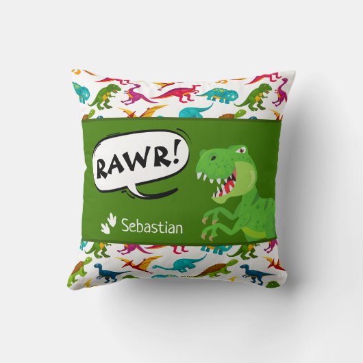 Kleurrijk Dinosaur-patroon met naam T-Rex Green Kussen (Achterkant)