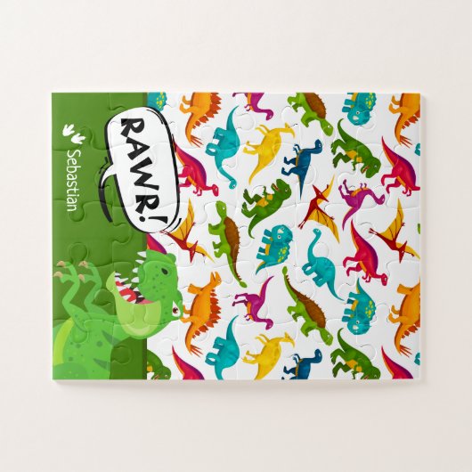 Kleurrijk Dinosaur-patroon met naam T-Rex Green Legpuzzel (Horizontaal)