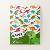 Kleurrijk Dinosaur-patroon met naam T-Rex Green Legpuzzel (Verticaal)