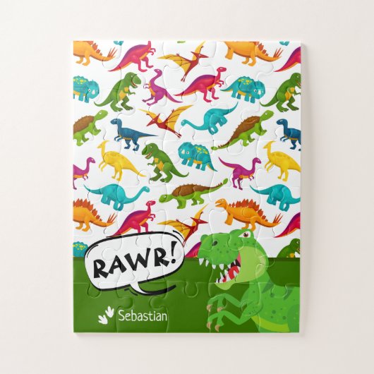 Kleurrijk Dinosaur-patroon met naam T-Rex Green Legpuzzel (Verticaal)