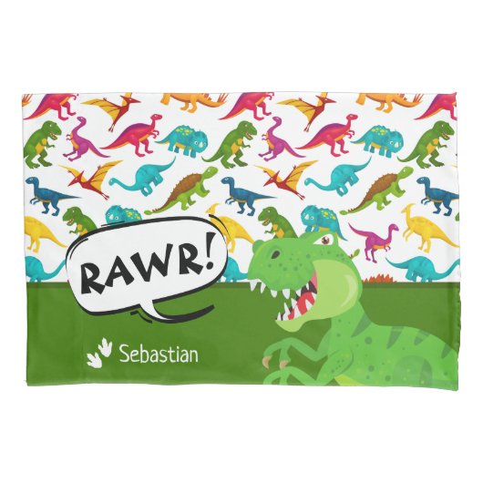 Kleurrijk Dinosaur-patroon met naam T-Rex Green Pi Kussensloop (Voorkant)
