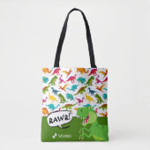 Kleurrijk Dinosaur-patroon met naam T-Rex Green Tote Bag (Voorkant)