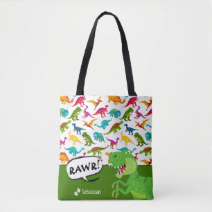 Kleurrijk Dinosaur-patroon met naam T-Rex Green Tote Bag