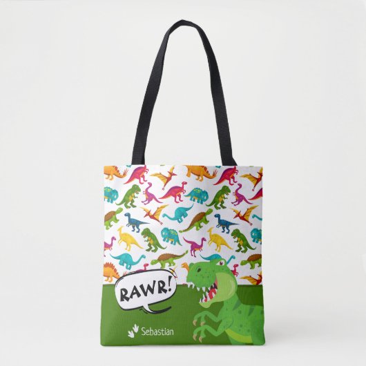 Kleurrijk Dinosaur-patroon met naam T-Rex Green Tote Bag (Voorkant)