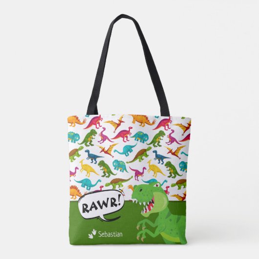 Kleurrijk Dinosaur-patroon met naam T-Rex Green Tote Bag (Achterkant)