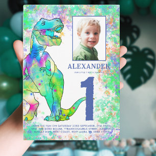 Kleurrijk dinosaurus 1e verjaardagsfeestje uitnodiging briefkaart