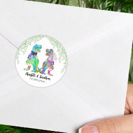 Kleurrijk Dinosaurus Thema Bruiloft Ronde Sticker