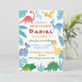 Kleurrijk dinosaurus-thema verjaardagsfeestje kaart (Staand voorkant)