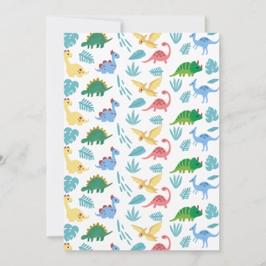Kleurrijk dinosaurus-thema verjaardagsfeestje kaart (Achterkant)