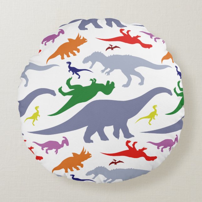 Kleurrijk Dinosauruspatroon (Licht) Rond Kussen (Voorkant)