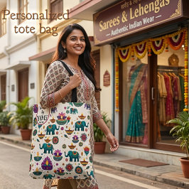 Kleurrijk Diwali Olifant & Diya Patroon Custom Tote Bag