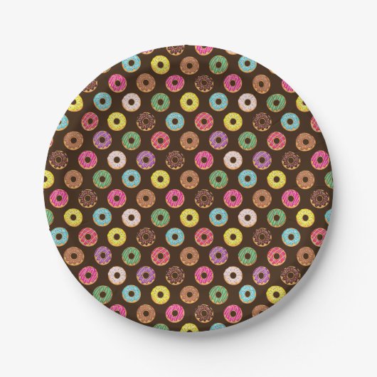 Kleurrijk Donut-patroon in chocolade Papieren Bordje (Voorkant)